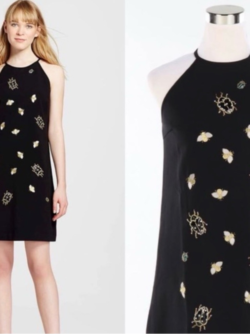 Victoria Beckham for Target Black Halter Shift Dress with Gold Bee Embellishment